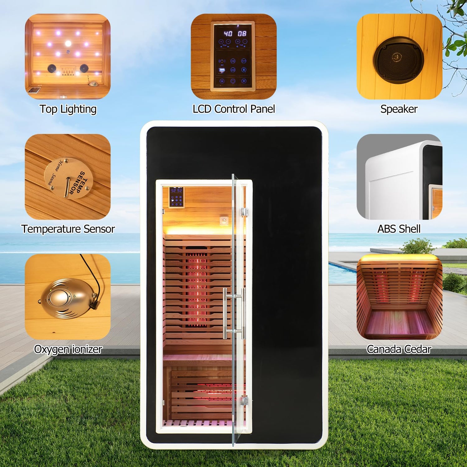 2 Person Infrared Sauna for Home,Canadian Cedar Outdoor Wooden Dry Sauna with Rapid Heating Tubes&Carbon Plate,LCD Control Panel and Tempered Glass Door (2-Person)