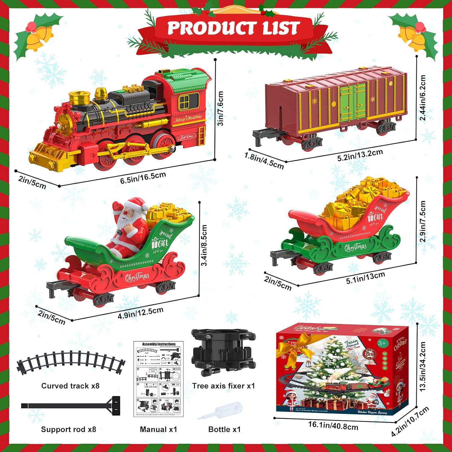 Hanging Christmas Train Set with Light/Smoke/Sound/Music, Toy Train Set Around Under The Christmas Tree, Christmas Toys Gift with Santa Claus, Christmas Tree Train Set for Toddlers Kids 2-4 3-5 4-8