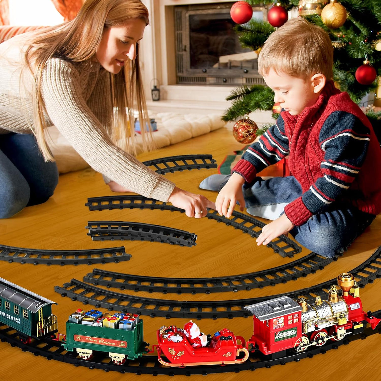 SpringFlower Christmas Train Set, Train Under Christmas Tree, Electric Train Toy for Boys and Girls, Train Toy with Light Smoke and Sound, Christmas Train Gifts for 3 4 5 6 7 8+ Year Old Kids