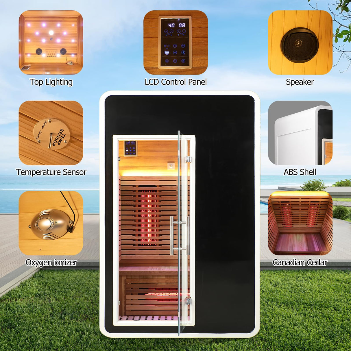 2 Person Infrared Sauna for Home,Canadian Cedar Outdoor Wooden Dry Sauna with Rapid Heating Tubes&Carbon Plate,LCD Control Panel and Tempered Glass Door (2-Person)