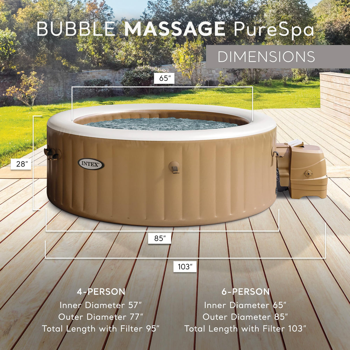 INTEX 28425EH PureSpa Bubble Massage Spa Set Outdoor Inflatable Portable Hot Tub, Includes Energy Efficient Spa Cover, Saltwater System Ready, 4 Person, 77in x 28in