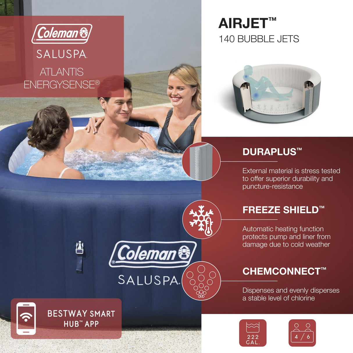 Coleman Hawaii AirJet Large Square 4 to 6 Person Inflatable Hot Tub Portable Outdoor Spa with 140 AirJets and EnergySense Cover, Grey
