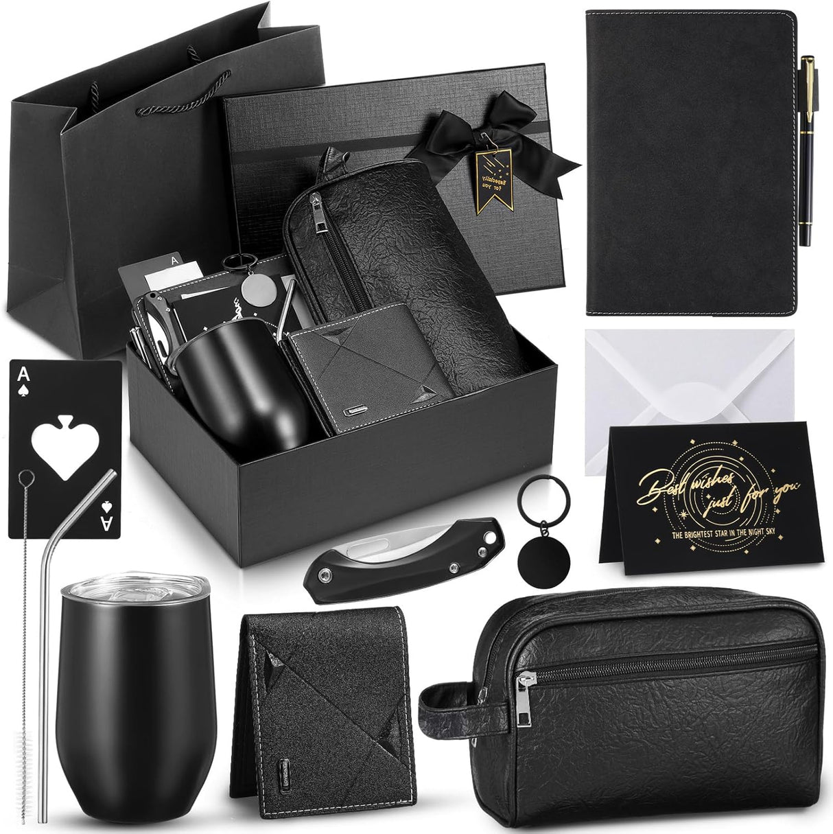 Mimorou 13 Pcs Birthday Gifts for Men Thank You Gift Baskets 12 oz Stainless Steel Tumbler Leather Toiletry Bag for Him Valentine Christmas for Dad, Boyfriend, Husband, Brother