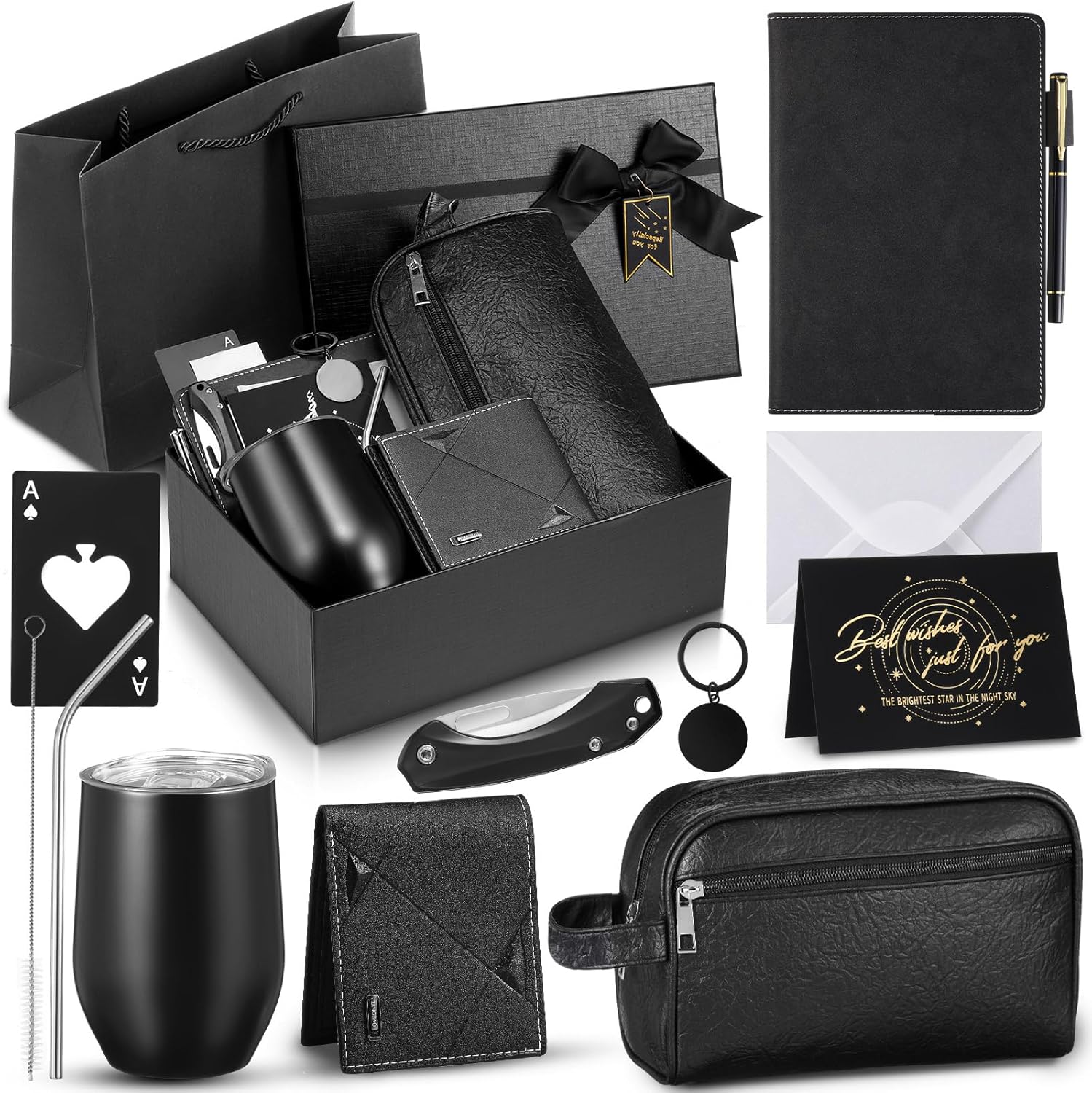 Mimorou 13 Pcs Birthday Gifts for Men Thank You Gift Baskets 12 oz Stainless Steel Tumbler Leather Toiletry Bag for Him Valentine Christmas for Dad, Boyfriend, Husband, Brother