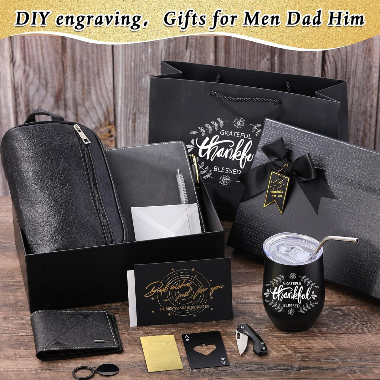 Mimorou 13 Pcs Birthday Gifts for Men Thank You Gift Baskets 12 oz Stainless Steel Tumbler Leather Toiletry Bag for Him Valentine Christmas for Dad, Boyfriend, Husband, Brother