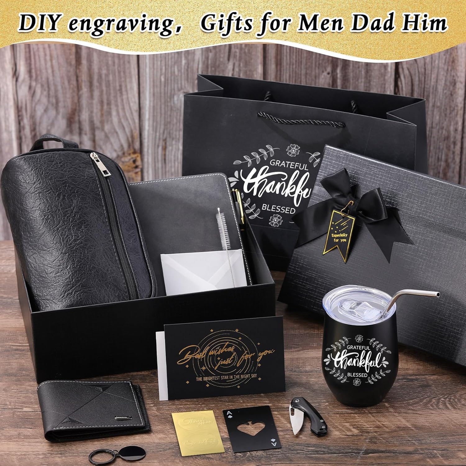 Mimorou 13 Pcs Birthday Gifts for Men Thank You Gift Baskets 12 oz Stainless Steel Tumbler Leather Toiletry Bag for Him Valentine Christmas for Dad, Boyfriend, Husband, Brother