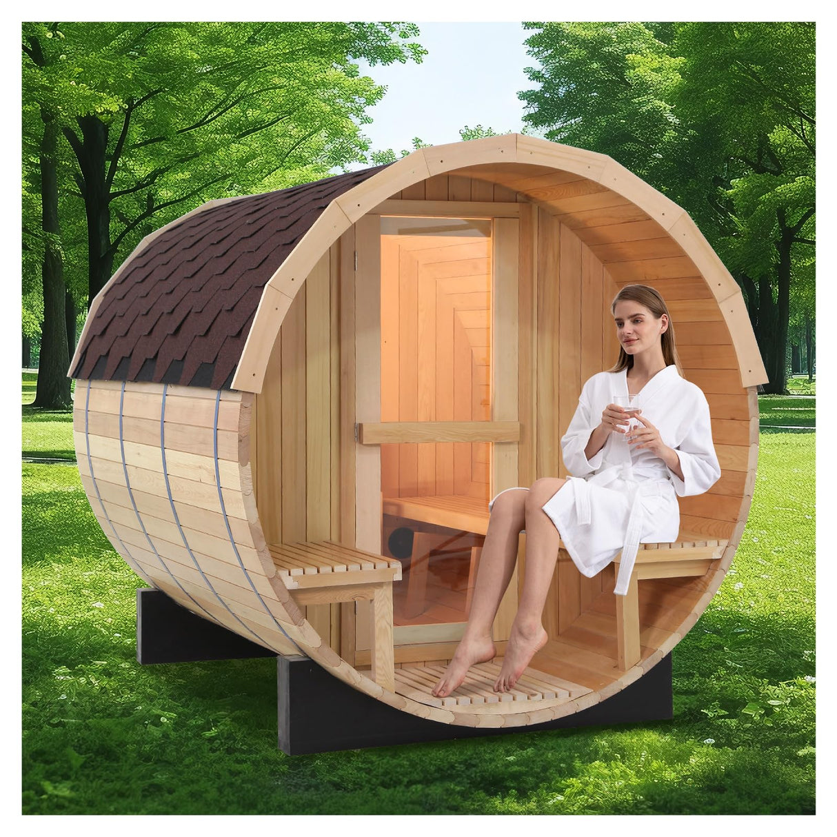 ZONEMEL Infrared 2 Person Wooden Sauna Room with Recliner, Red Cedar Luxury Indoor Sauna with 10 Heating Panels, Oxygen Bar, 3400 Watt, Full Spectrum Infrared Therapy Wood Dry Heat Sauna, 220V