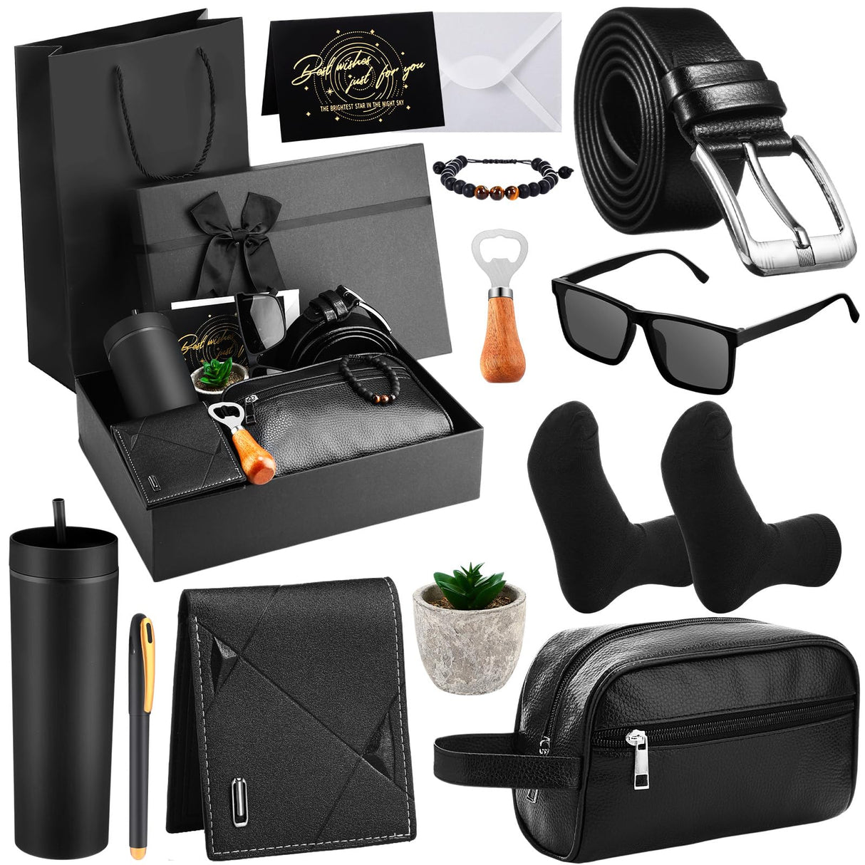 Skylety 13 Pcs Birthday Gifts Baskets for Men Gift for Men Birthday Gift Box 16 oz Tumblers Wallet Toiletry Bag Belt Sock Bottle Opener Bracelet Glasses Keychain for Dad Boyfriend Husband