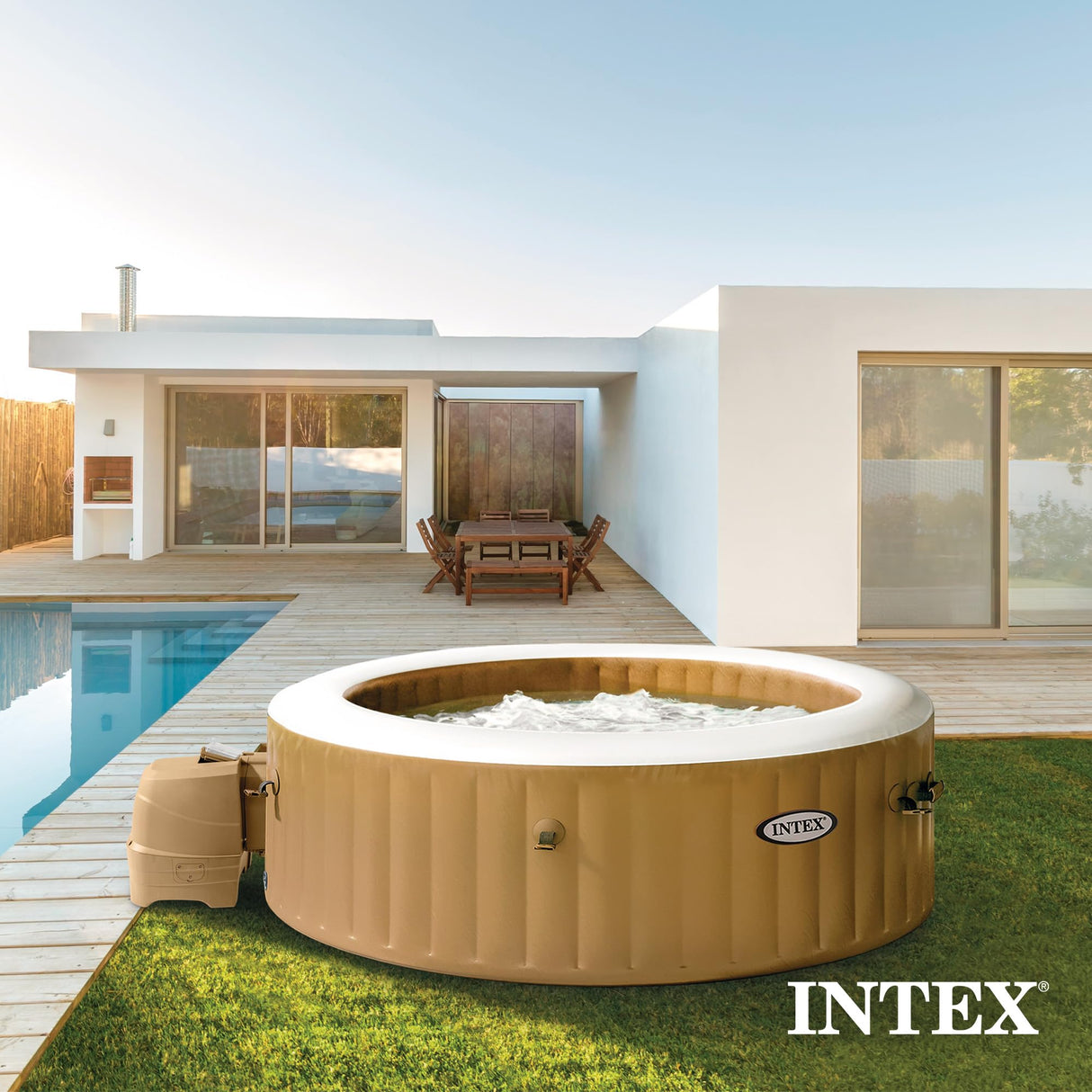 INTEX 28425EH PureSpa Bubble Massage Spa Set Outdoor Inflatable Portable Hot Tub, Includes Energy Efficient Spa Cover, Saltwater System Ready, 4 Person, 77in x 28in