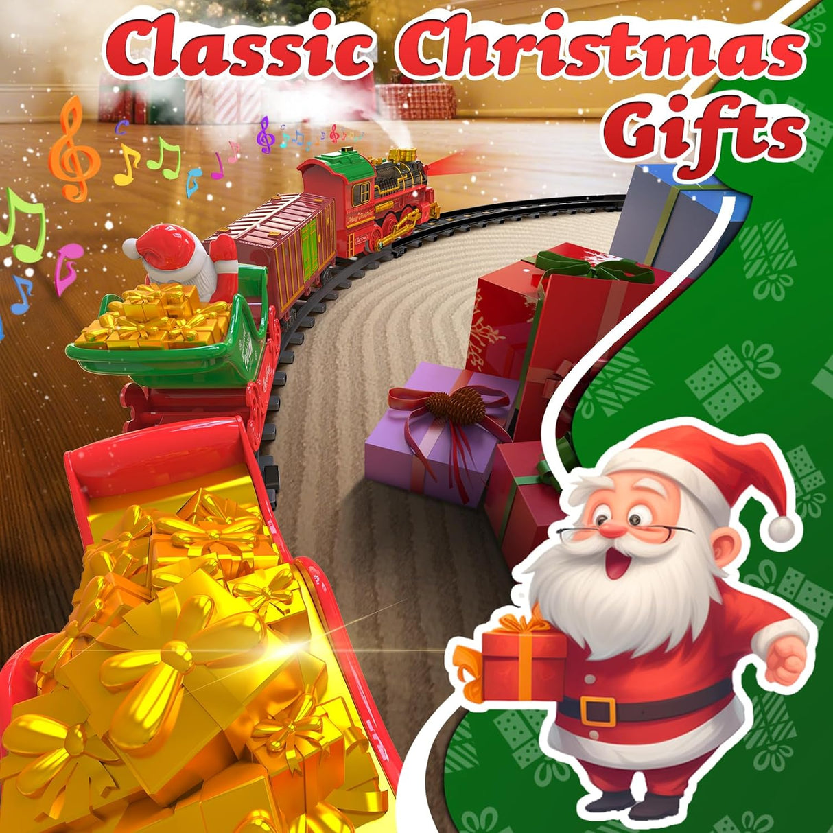 Hanging Christmas Train Set with Light/Smoke/Sound/Music, Toy Train Set Around Under The Christmas Tree, Christmas Toys Gift with Santa Claus, Christmas Tree Train Set for Toddlers Kids 2-4 3-5 4-8