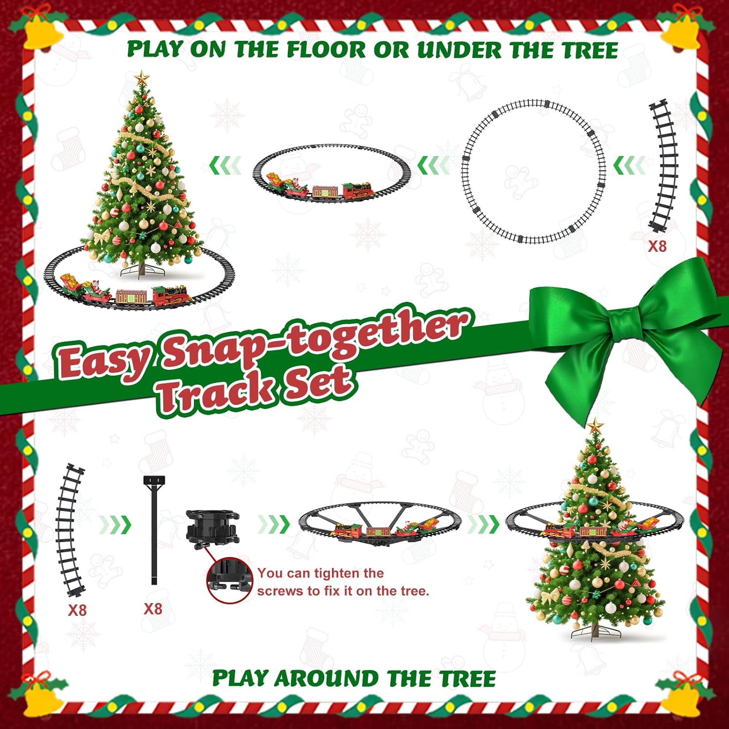 Hanging Christmas Train Set with Light/Smoke/Sound/Music, Toy Train Set Around Under The Christmas Tree, Christmas Toys Gift with Santa Claus, Christmas Tree Train Set for Toddlers Kids 2-4 3-5 4-8