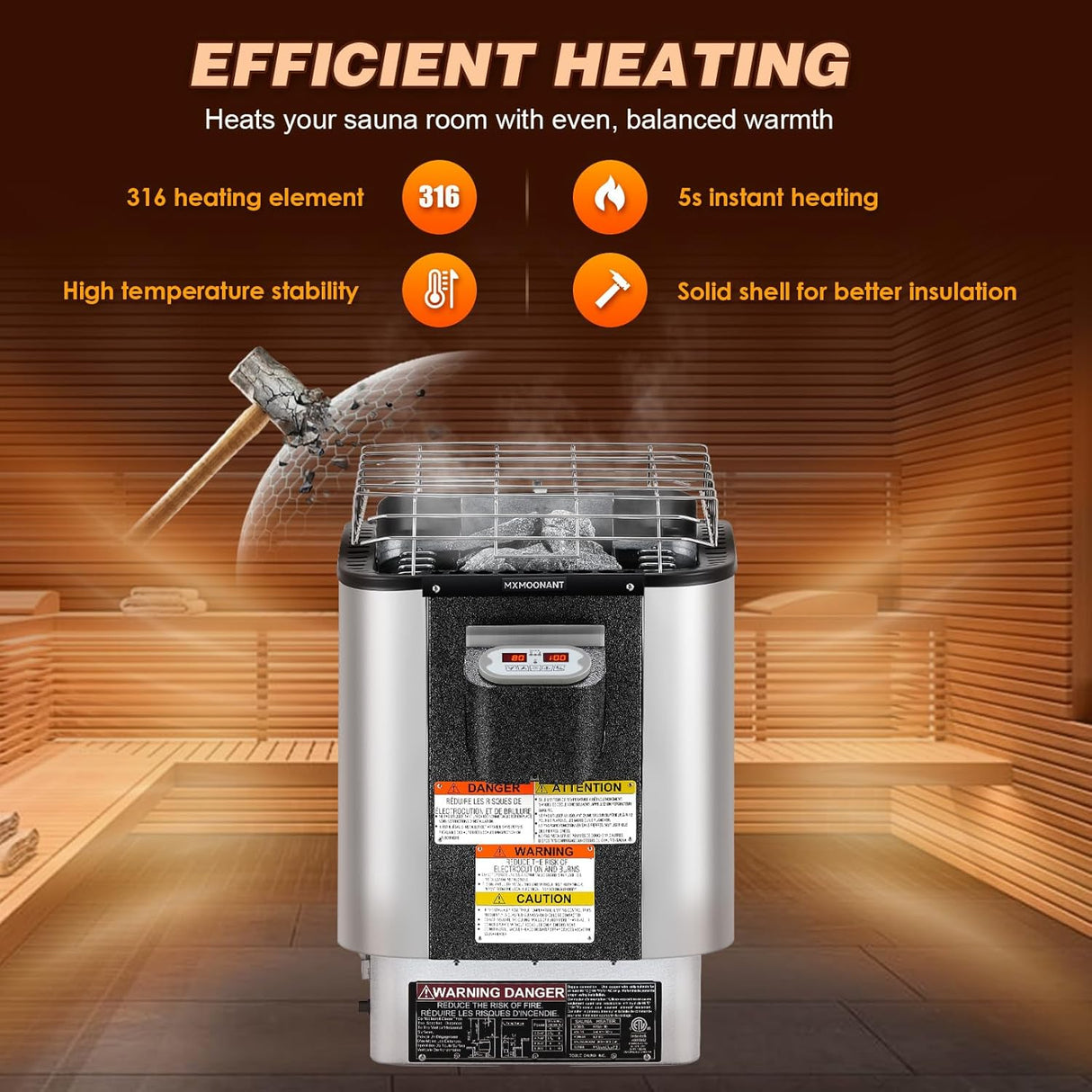 Mxmoonant Sauna Heater, 9KW 220V Electric Sauna Heaters Built-in Digital Control Sauna Stove Dry Steam Sauna Bath for Home Hotel Spa Max. 460 Cu.ft with Sauna Hygrothermograph