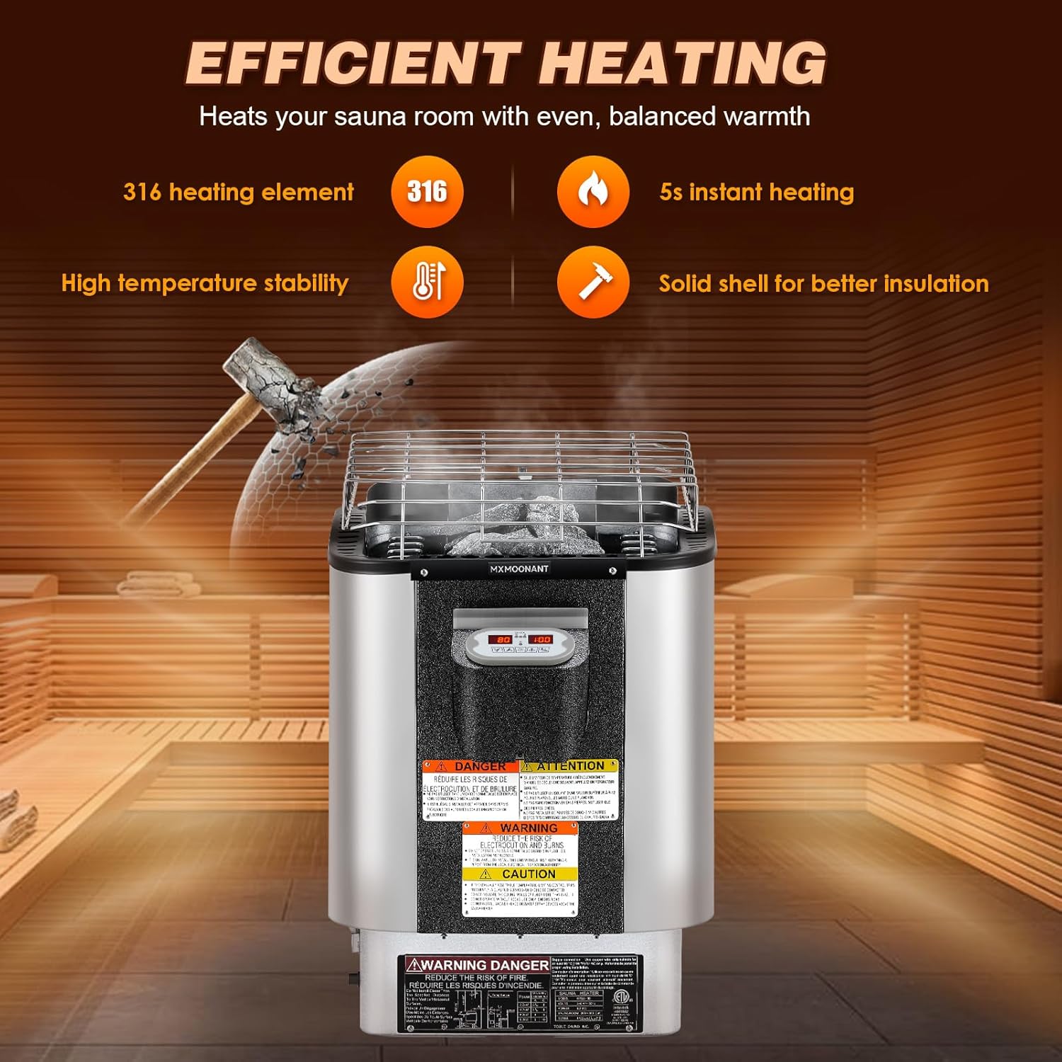 Mxmoonant Sauna Heater, 9KW 220V Electric Sauna Heaters Built-in Digital Control Sauna Stove Dry Steam Sauna Bath for Home Hotel Spa Max. 460 Cu.ft with Sauna Hygrothermograph