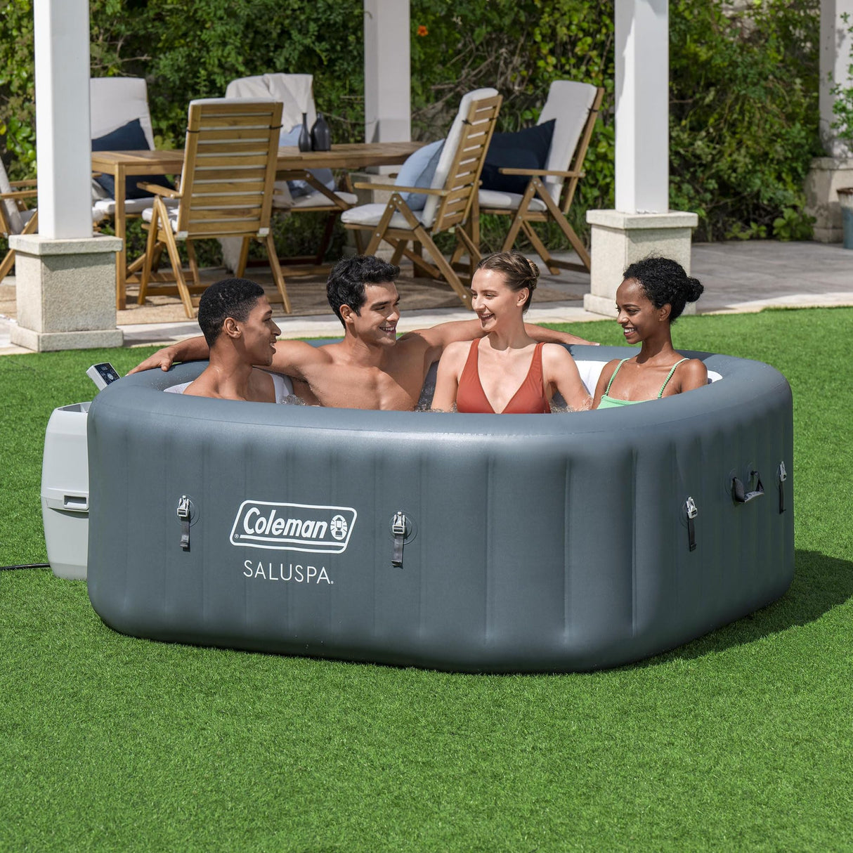 Coleman Hawaii AirJet Large Square 4 to 6 Person Inflatable Hot Tub Portable Outdoor Spa with 140 AirJets and EnergySense Cover, Grey