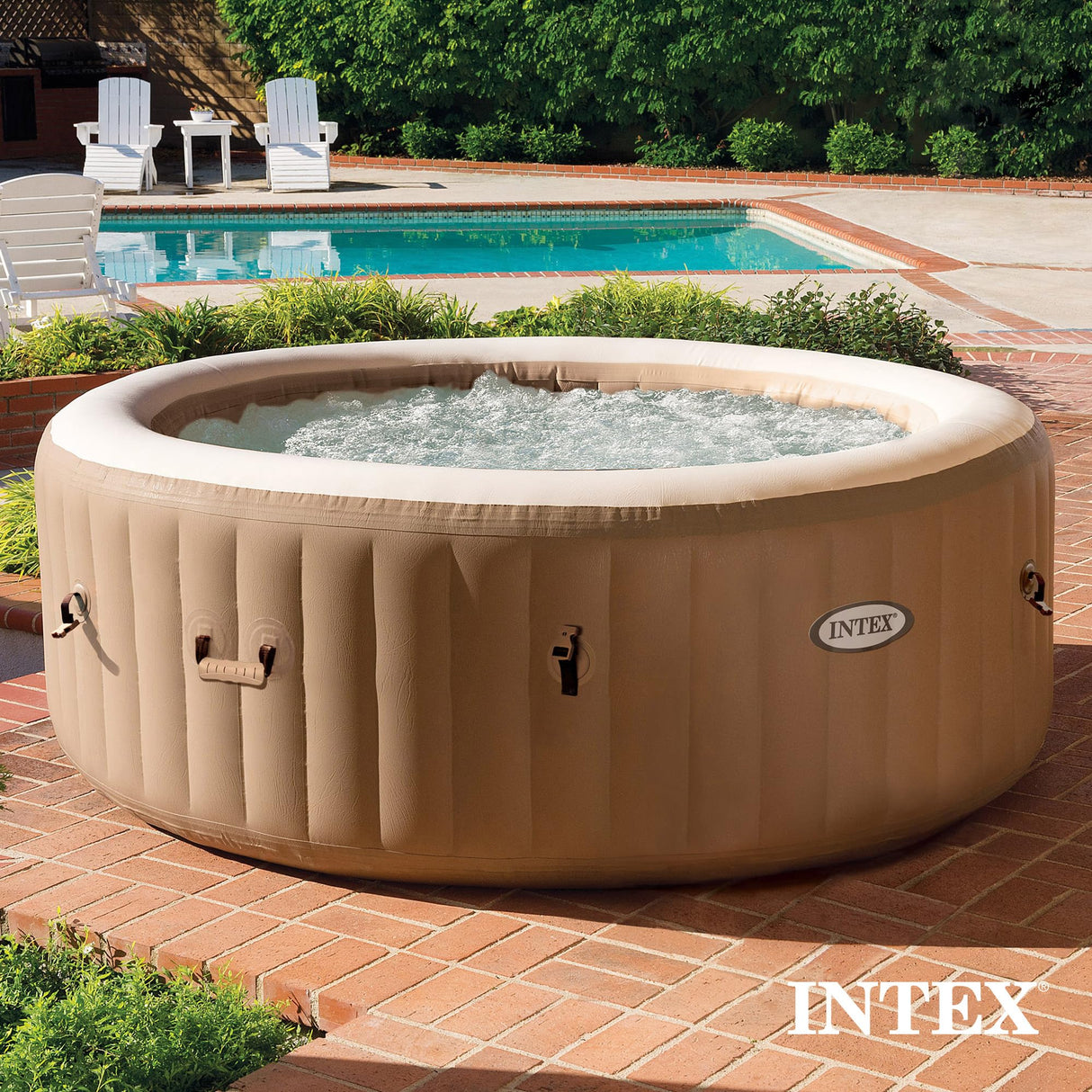INTEX 28425EH PureSpa Bubble Massage Spa Set Outdoor Inflatable Portable Hot Tub, Includes Energy Efficient Spa Cover, Saltwater System Ready, 4 Person, 77in x 28in