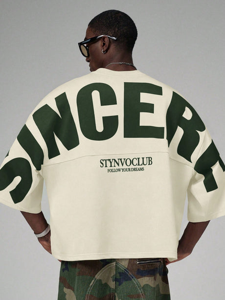 STYNVO Men's Round Neck Letter Print T-Shirt Polyester Apricot