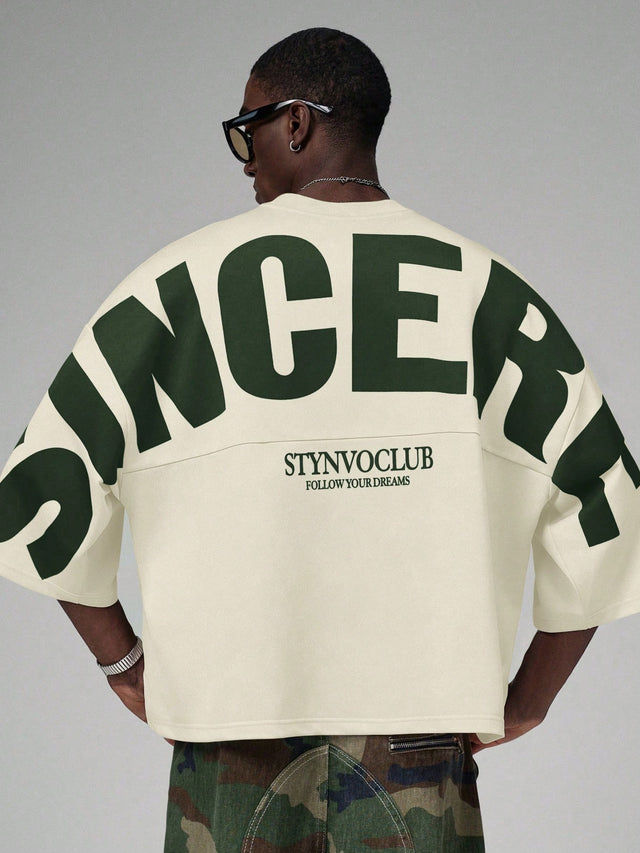 STYNVO Men's Round Neck Letter Print T-Shirt Polyester Apricot