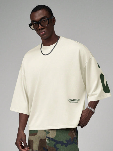 STYNVO Men's Round Neck Letter Print T-Shirt Polyester Apricot