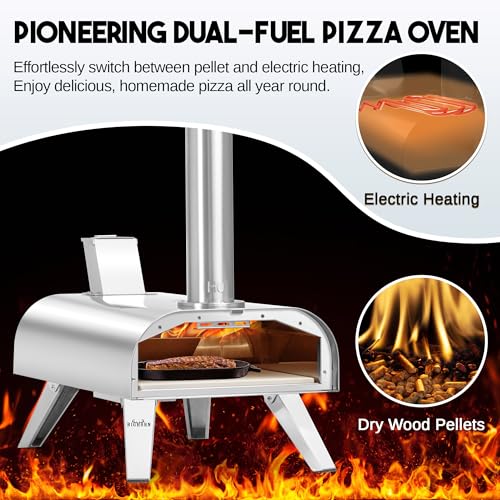 BIG HORN OUTDOORS 12" Multi-Fuel Pizza Oven, Portable Outdoor Pizza Oven, Wood Fired & Propane Gas, Pellet Pizza Maker with Pizza Stone