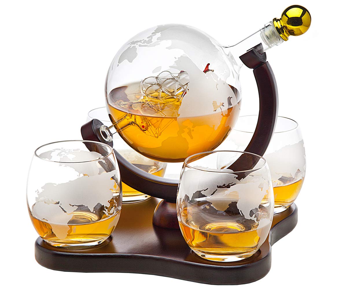 Whiskey Decanter Globe Set with 2 Etched Whiskey Glasses