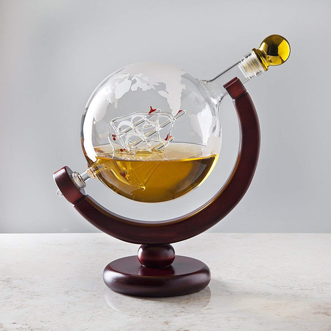 Whiskey Decanter Globe Set with 2 Etched Whiskey Glasses