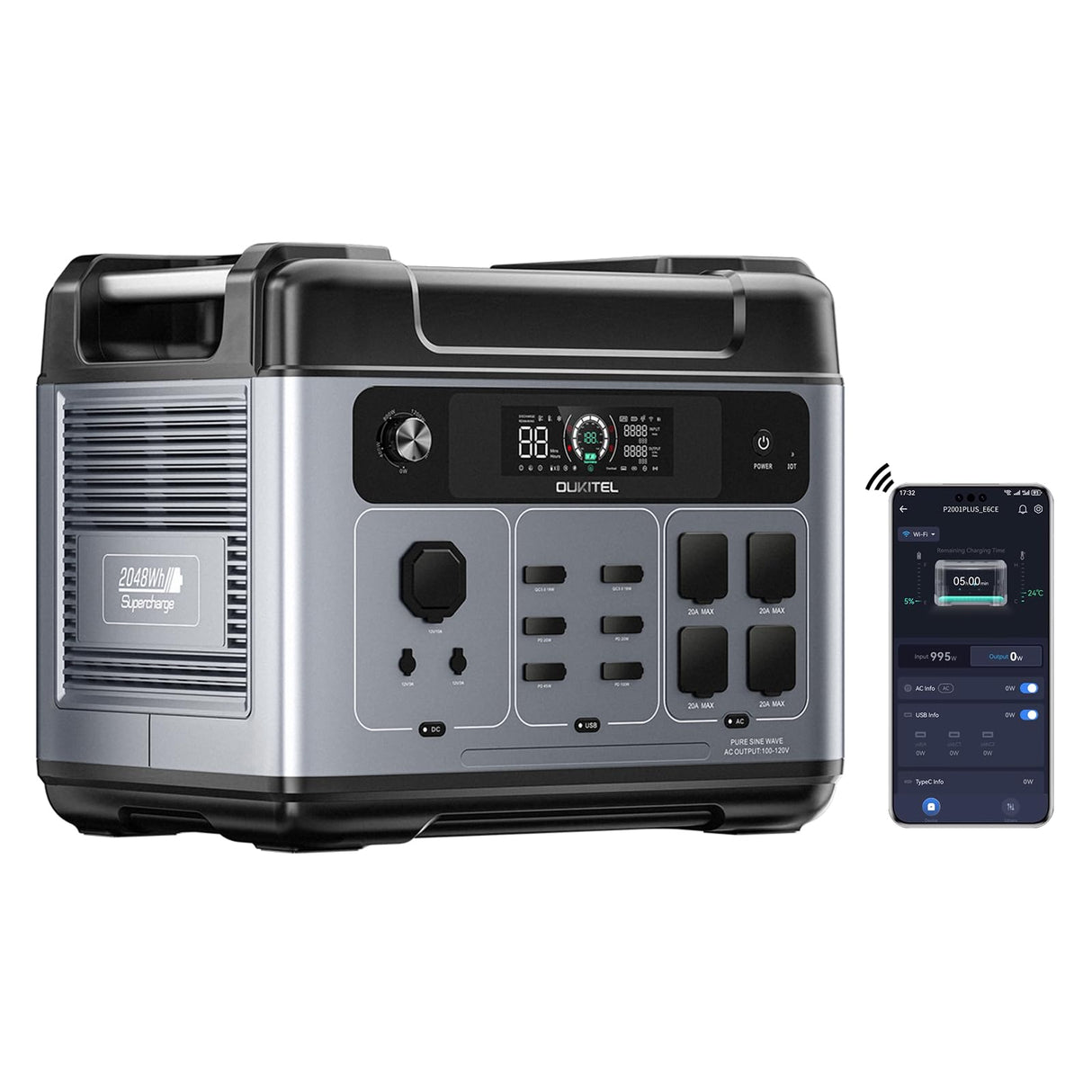 OUKITEL P2001 PLUS 2400W Portable Power Station, 2048Wh Large Capacity Solar Generator with 200W Solar Panel,LiFePO4 (LFP) Battery, AC/DC BMS Emergency Power Station for Home Backup, Camping