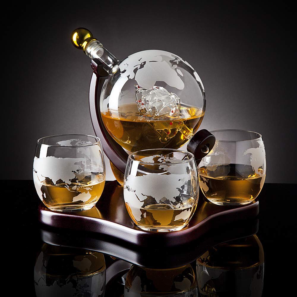 Whiskey Decanter Globe Set with 2 Etched Whiskey Glasses