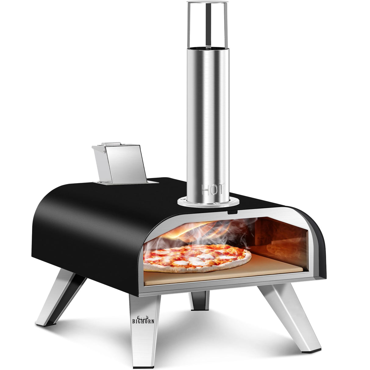 BIG HORN OUTDOORS Pizza Ovens Wood Pellet 12” Pizza Oven Cooking Pizza Maker Portable Stainless Steel Pizza Grill, Silver Portable Party use