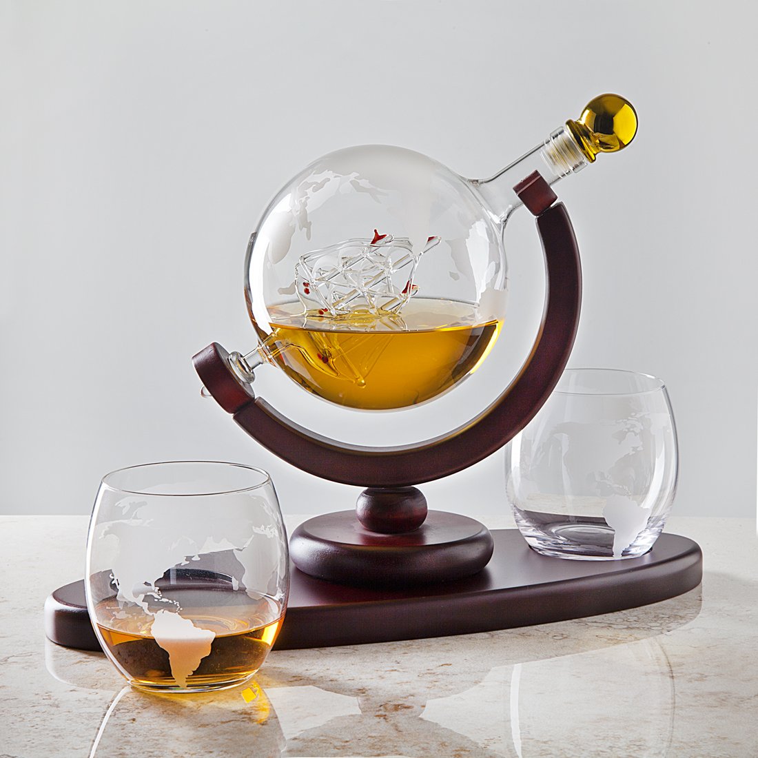 Whiskey Decanter Globe Set with 2 Etched Whiskey Glasses