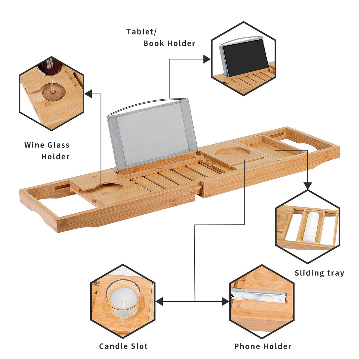 Utoplike Bamboo Bathtub Caddy Tray Bath Tray for Tub, Adjustable Bathroom Bathtub Organizer with Book Tablet Wine Glass Cup Towel Holder