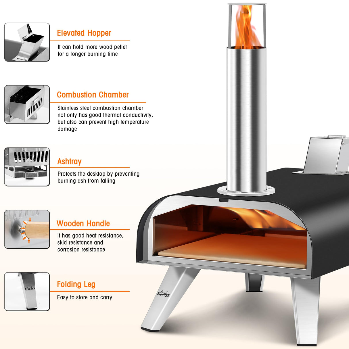 BIG HORN OUTDOORS Pizza Ovens Wood Pellet 12” Pizza Oven Cooking Pizza Maker Portable Stainless Steel Pizza Grill, Silver Portable Party use