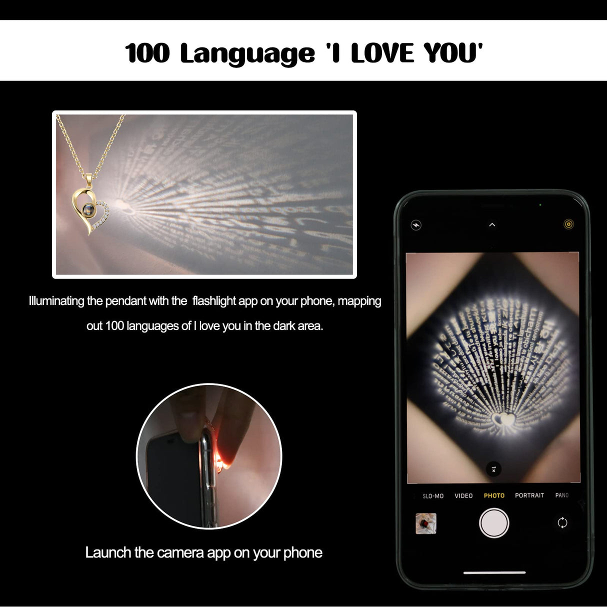 I Love You 100 Languages Projection Necklace with Rose