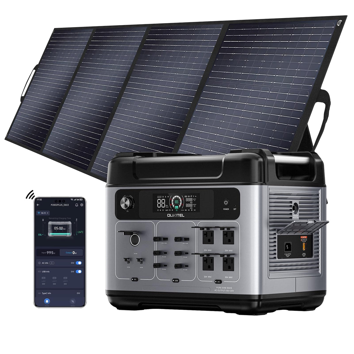 OUKITEL P2001 PLUS 2400W Portable Power Station, 2048Wh Large Capacity Solar Generator with 200W Solar Panel,LiFePO4 (LFP) Battery, AC/DC BMS Emergency Power Station for Home Backup, Camping