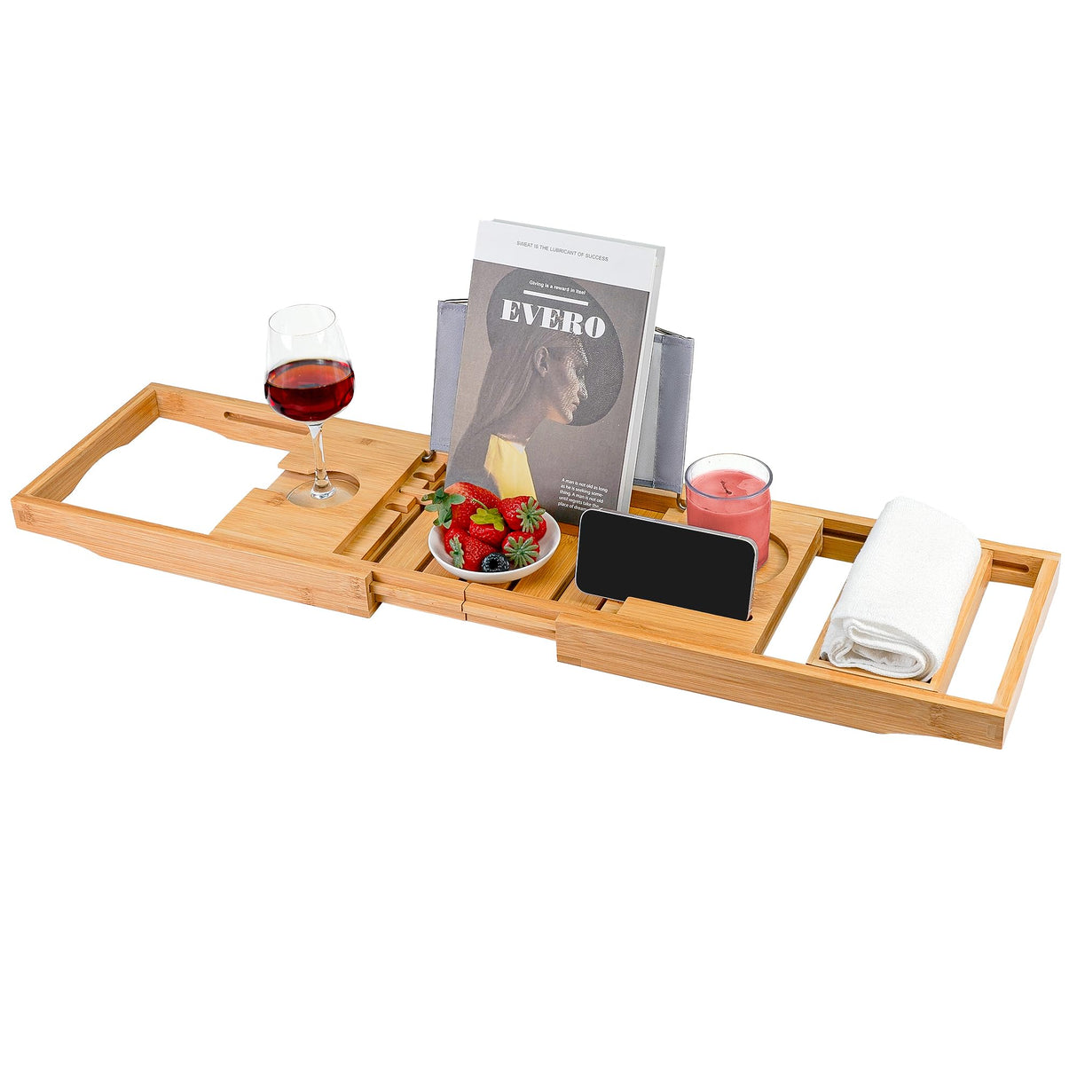 Utoplike Bamboo Bathtub Caddy Tray Bath Tray for Tub, Adjustable Bathroom Bathtub Organizer with Book Tablet Wine Glass Cup Towel Holder