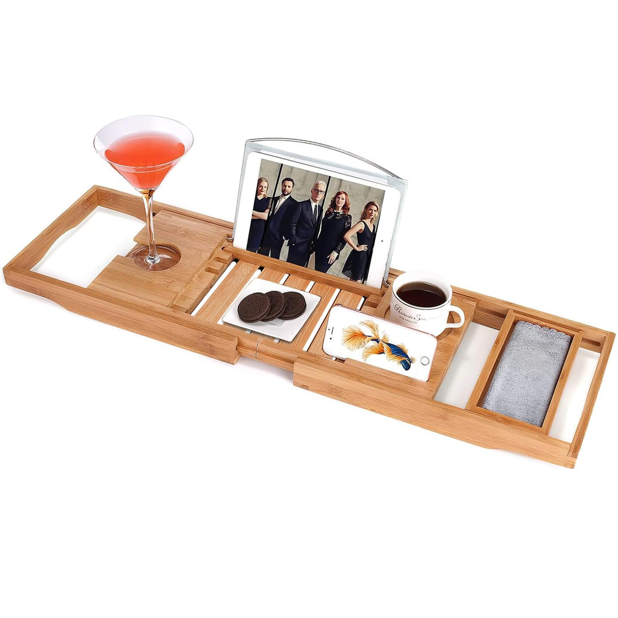 Utoplike Bamboo Bathtub Caddy Tray Bath Tray for Tub, Adjustable Bathroom Bathtub Organizer with Book Tablet Wine Glass Cup Towel Holder