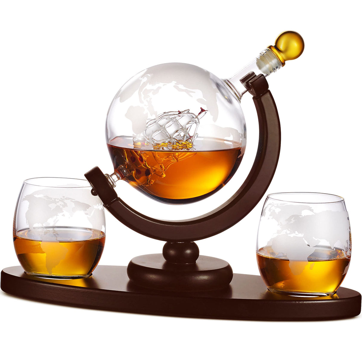 Whiskey Decanter Globe Set with 2 Etched Whiskey Glasses