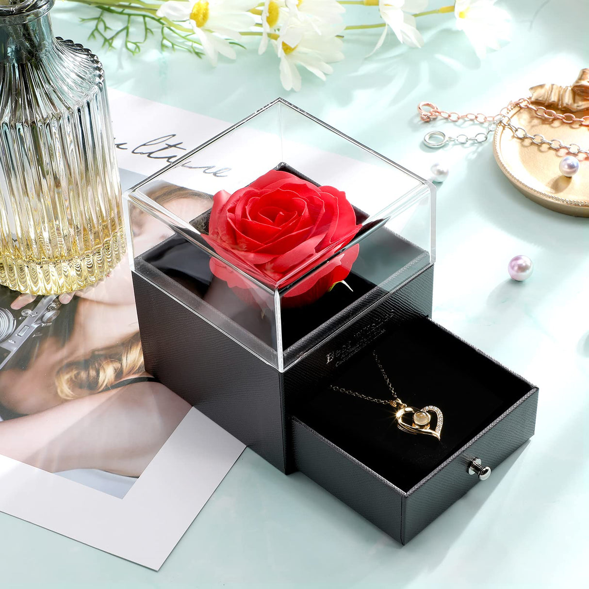I Love You 100 Languages Projection Necklace with Rose