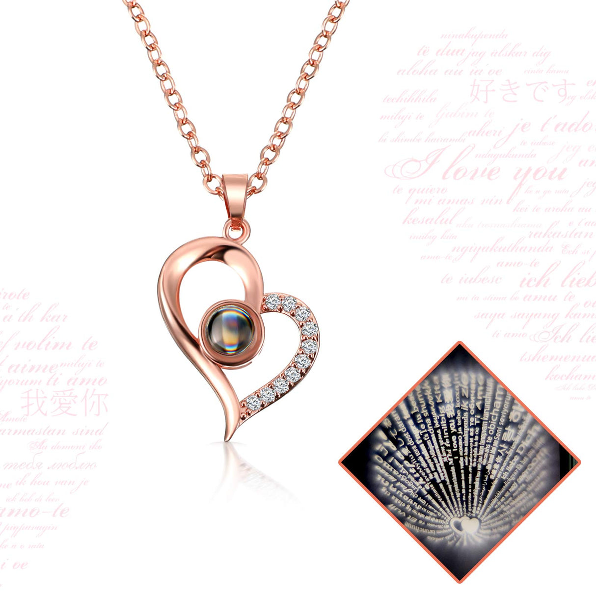 I Love You 100 Languages Projection Necklace with Rose