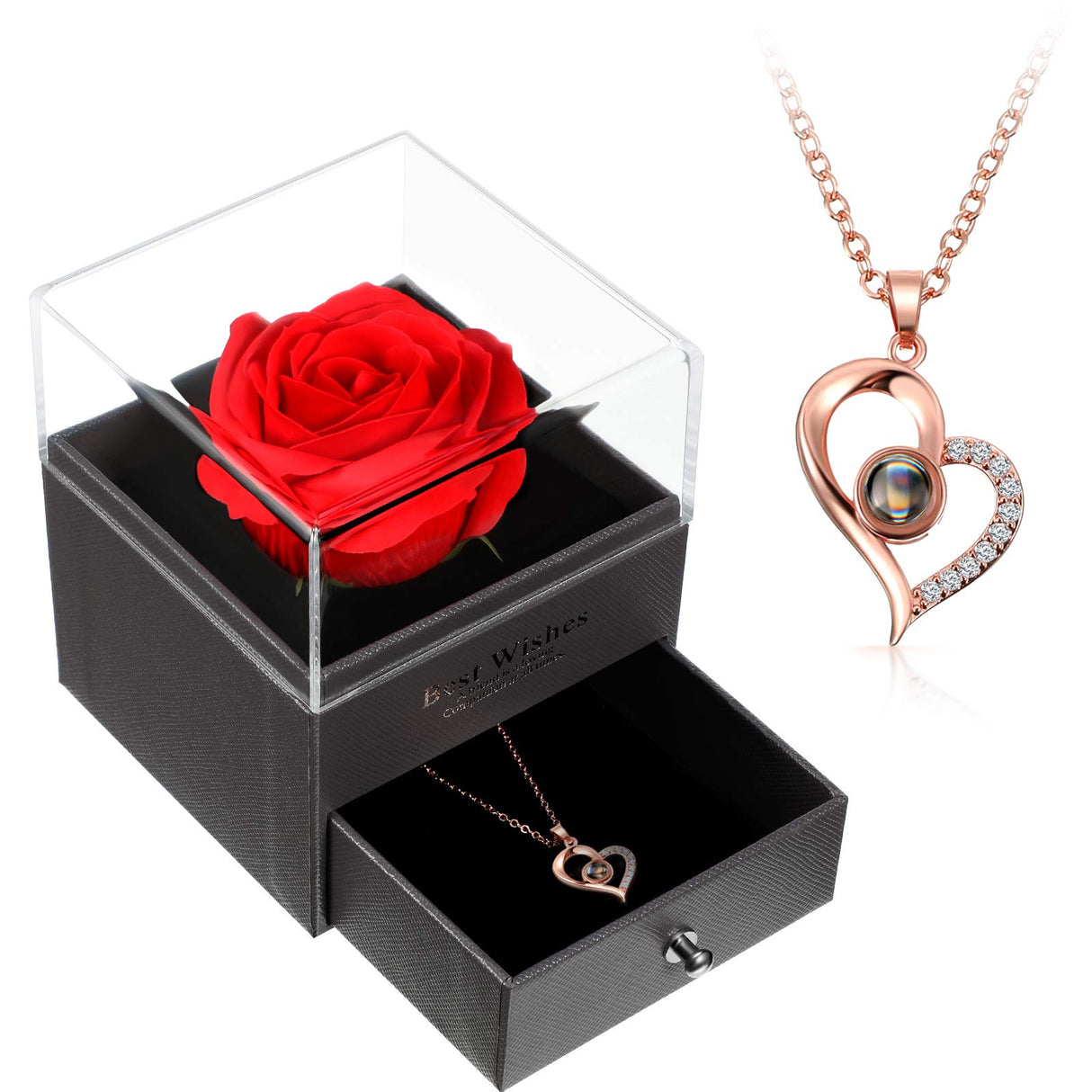 I Love You 100 Languages Projection Necklace with Rose