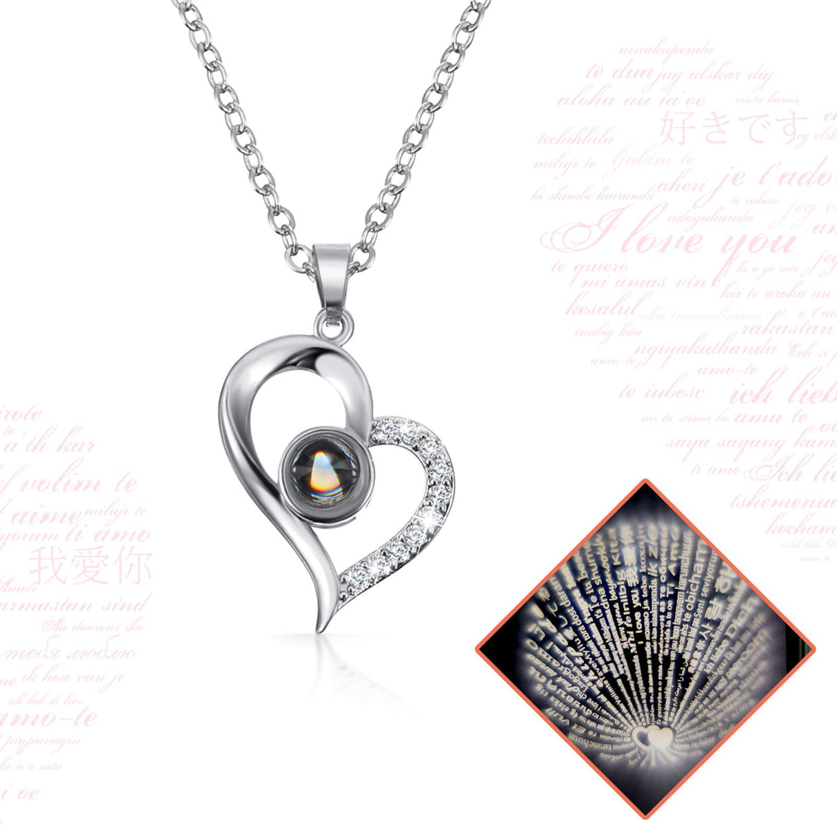 I Love You 100 Languages Projection Necklace with Rose