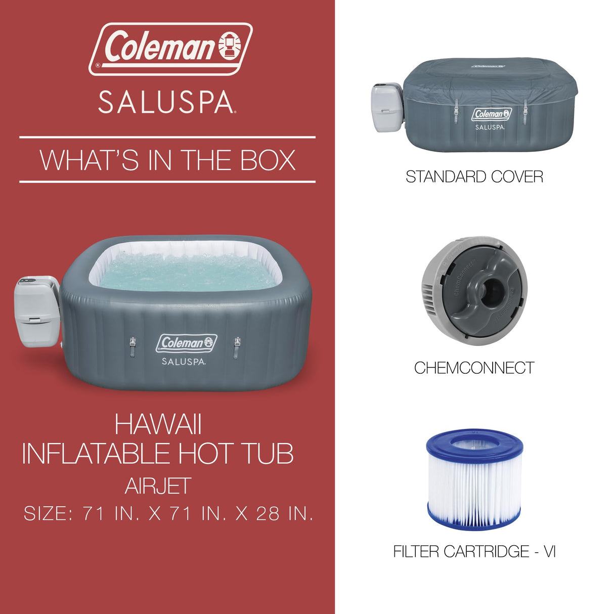 Coleman Hawaii AirJet Large Square 4 to 6 Person Inflatable Hot Tub Portable Outdoor Spa with 140 AirJets and EnergySense Cover, Grey