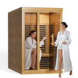 Far Infrared Wooden Sauna Low EMF- 2 Person Personal Sauna for Home Use, Full Spectrum Infrared Sauna, Dual Tempered Glass & Bluetooth Speakers - Indoor Sauna 2000W, Wood Color