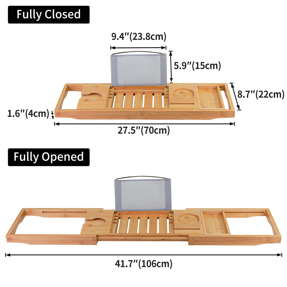 Utoplike Bamboo Bathtub Caddy Tray Bath Tray for Tub, Adjustable Bathroom Bathtub Organizer with Book Tablet Wine Glass Cup Towel Holder