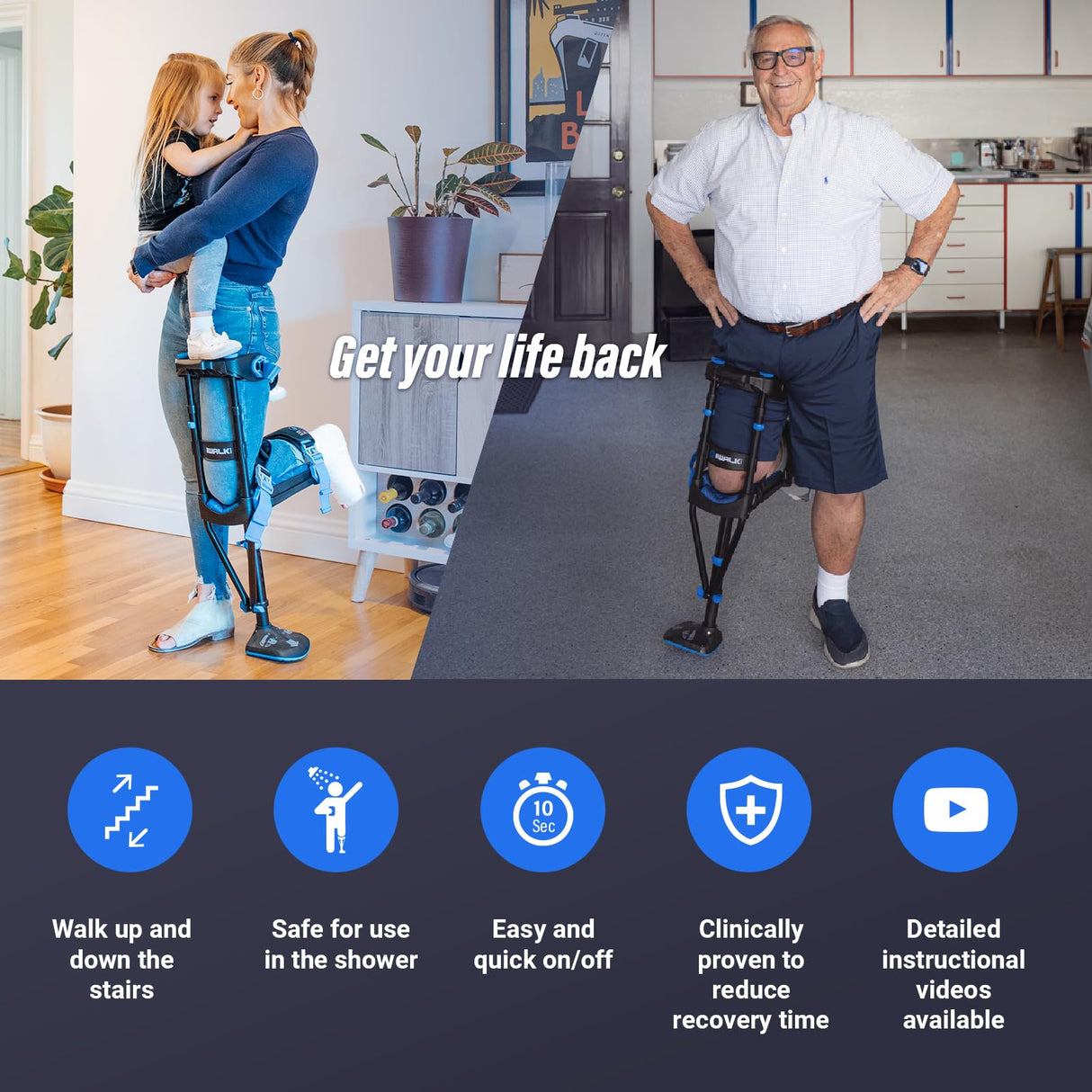 iWALK3.0 Hands Free Knee Crutch - Alternative to Crutches and Knee Scooters - iWALK Crutch Replaces Crutches for Adults - Peg Leg Crutch For Lower Leg Injuries Only