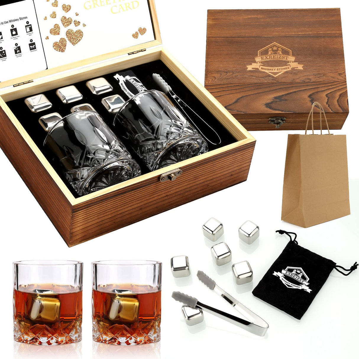 Whiskey Stones Gift Set - Whiskey Glass Set of 2 - Granite Chilling Whiskey Rocks - Scotch Bourbon Box Set -Christmas Birthday Gifts for Men Drinking Gift for Dad Him Husband Party Holiday Present