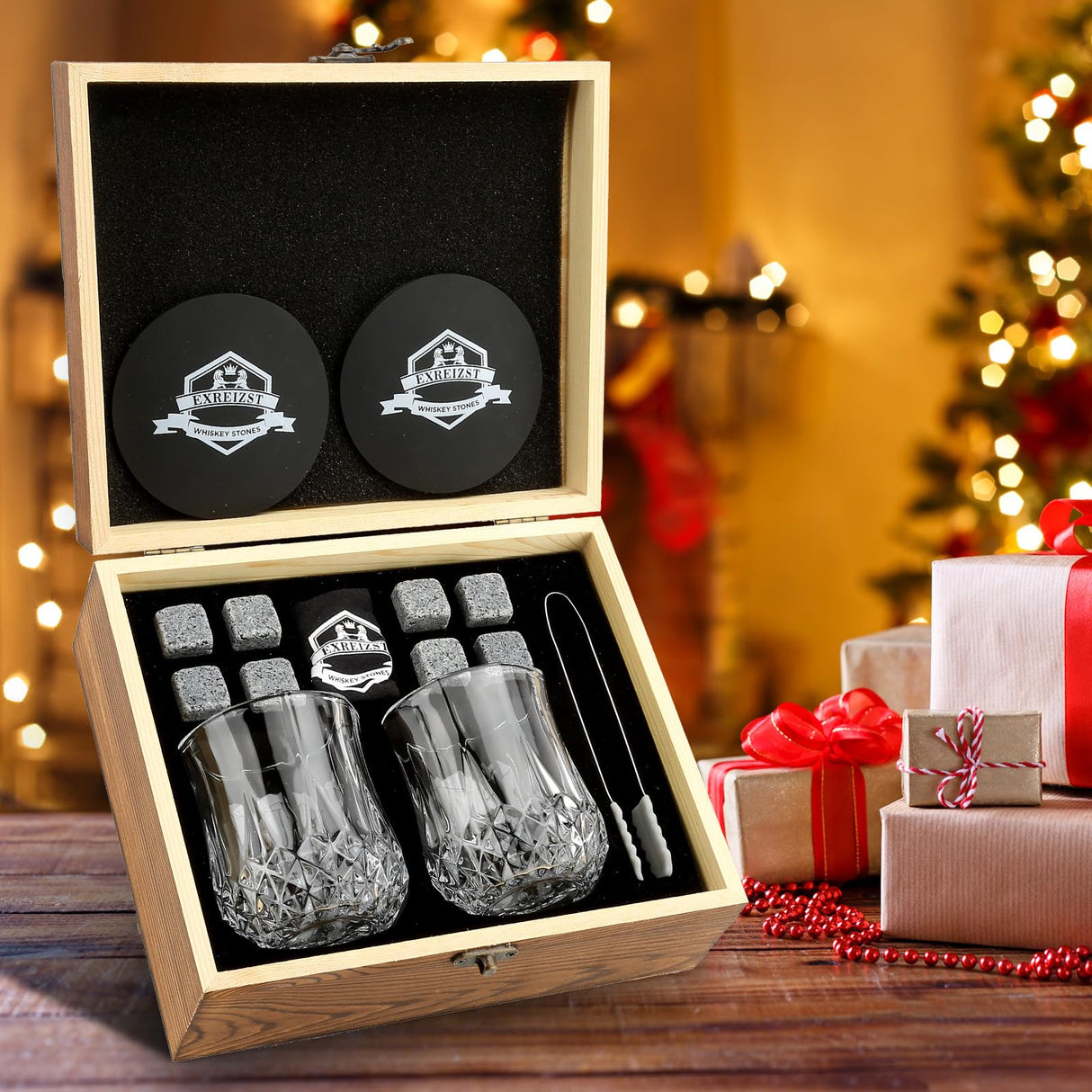 Whiskey Stones Gift Set - Whiskey Glass Set of 2 - Granite Chilling Whiskey Rocks - Scotch Bourbon Box Set -Christmas Birthday Gifts for Men Drinking Gift for Dad Him Husband Party Holiday Present