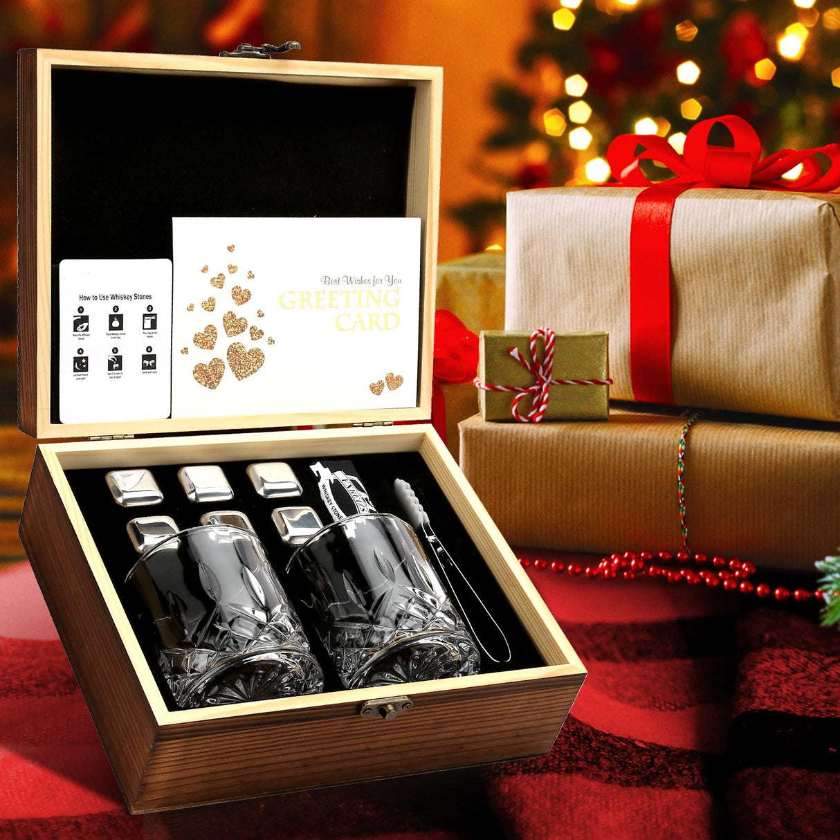 Whiskey Stones Gift Set - Whiskey Glass Set of 2 - Granite Chilling Whiskey Rocks - Scotch Bourbon Box Set -Christmas Birthday Gifts for Men Drinking Gift for Dad Him Husband Party Holiday Present