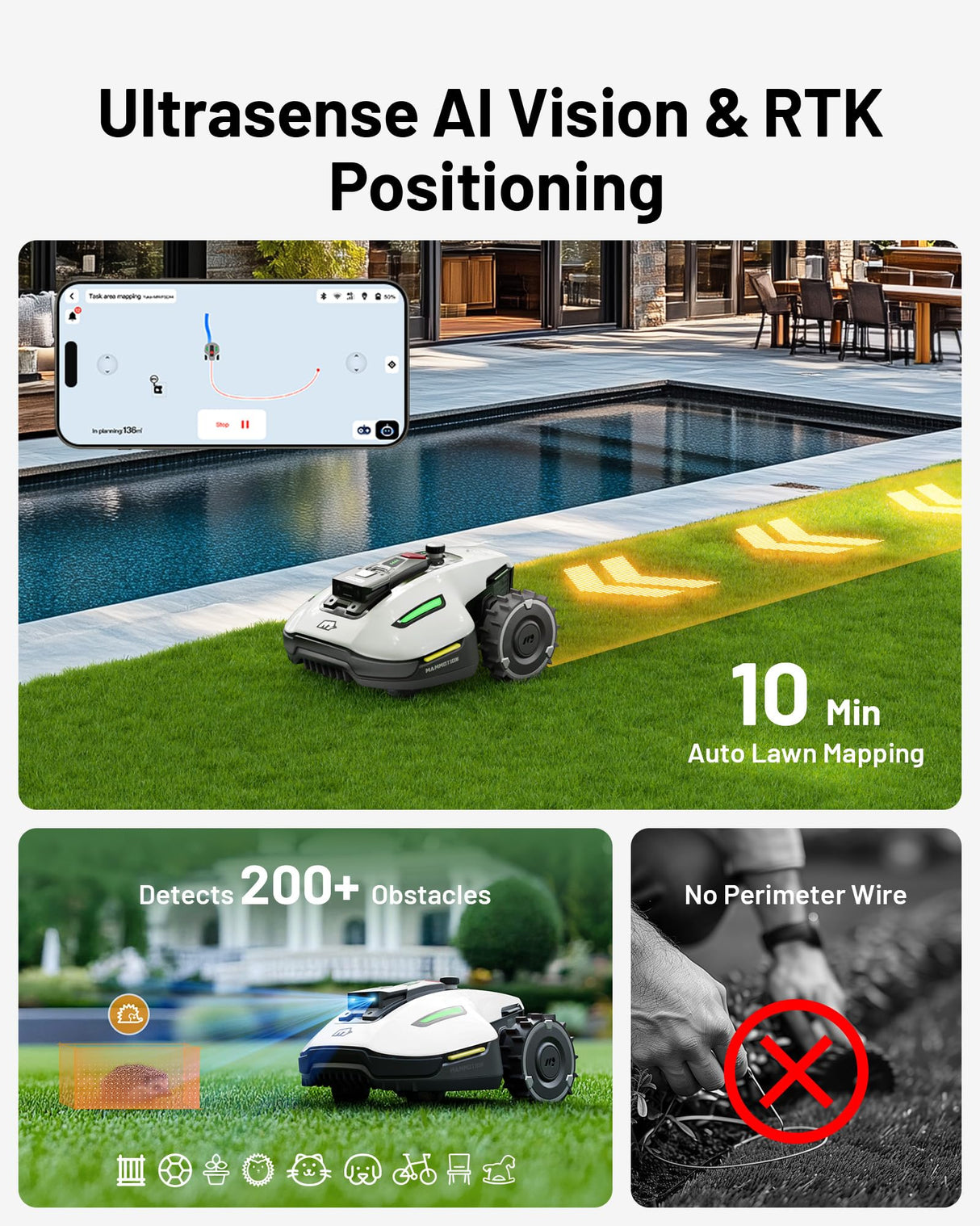 YUKA Mini 500H Robotic Lawn Mower Reception 0.12 Acre,Max. 0.17 Acre, Ultrasense AI Vision+ RTK Positioning, Auto Mapping, App Control, 50% Slope, Cutting Height 2''~3.5'', 15 Mowing Zones