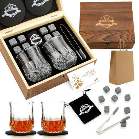 Whiskey Stones Gift Set - Whiskey Glass Set of 2 - Granite Chilling Whiskey Rocks - Scotch Bourbon Box Set -Christmas Birthday Gifts for Men Drinking Gift for Dad Him Husband Party Holiday Present