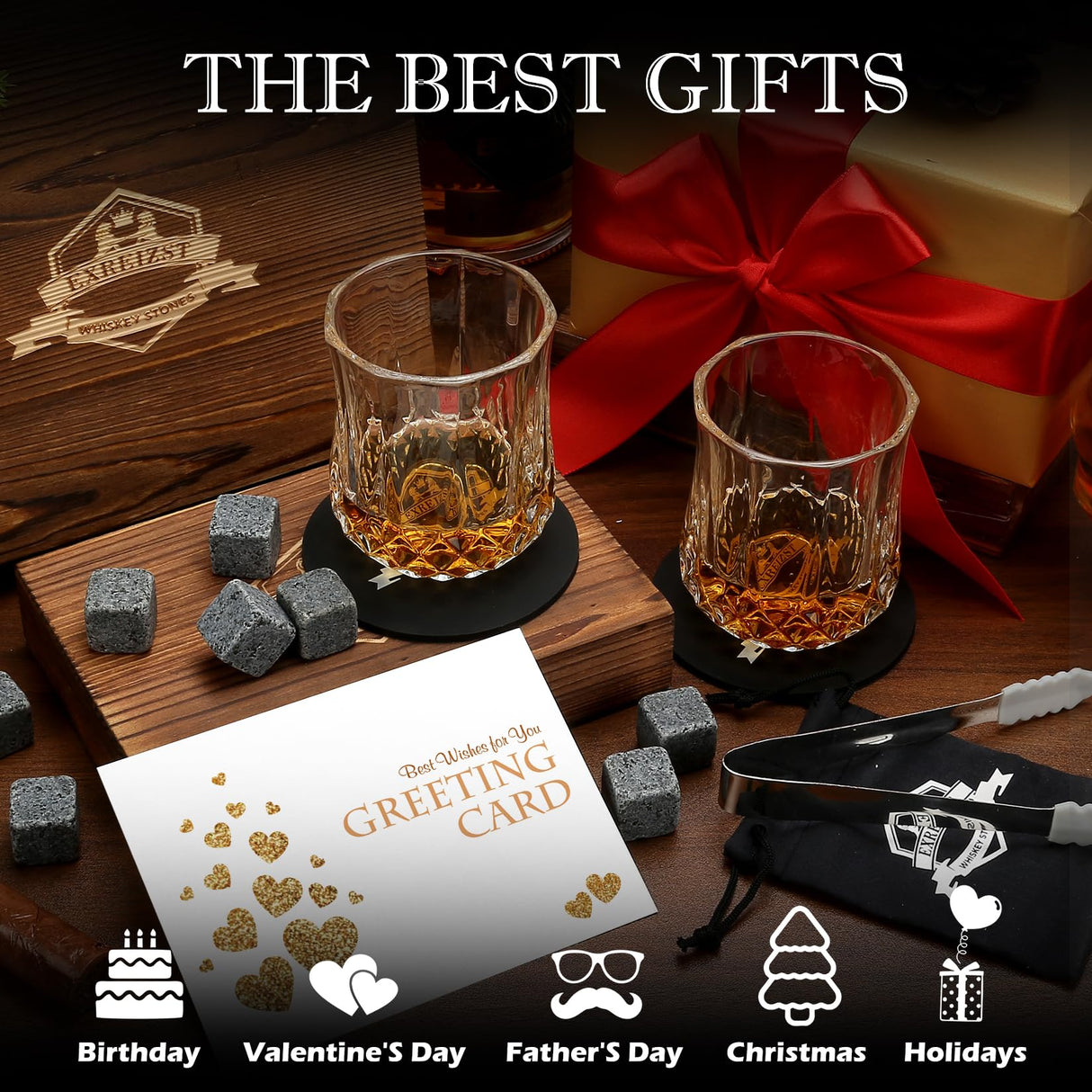 Whiskey Stones Gift Set - Whiskey Glass Set of 2 - Granite Chilling Whiskey Rocks - Scotch Bourbon Box Set -Christmas Birthday Gifts for Men Drinking Gift for Dad Him Husband Party Holiday Present